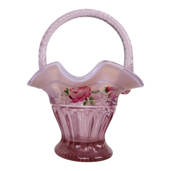 Fenton Artist Signed C. Mackey Hand Painted Pink Opalescent Rose Basket Uranium - Picture 10 of 12
